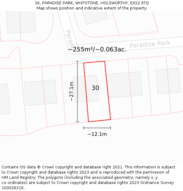 30, PARADISE PARK, WHITSTONE, HOLSWORTHY, EX22 6TQ: Plot and title map
