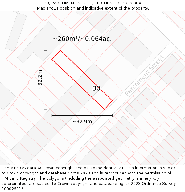30, PARCHMENT STREET, CHICHESTER, PO19 3BX: Plot and title map