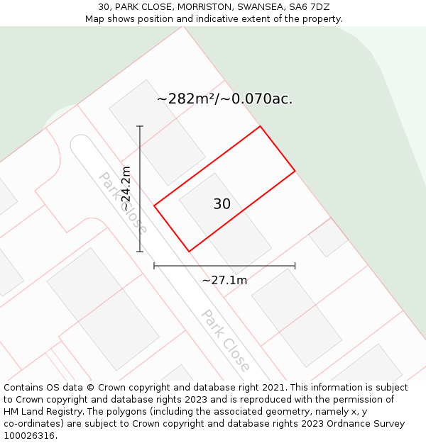 30, PARK CLOSE, MORRISTON, SWANSEA, SA6 7DZ: Plot and title map