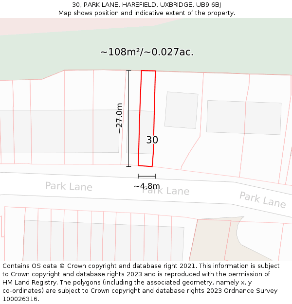 30, PARK LANE, HAREFIELD, UXBRIDGE, UB9 6BJ: Plot and title map