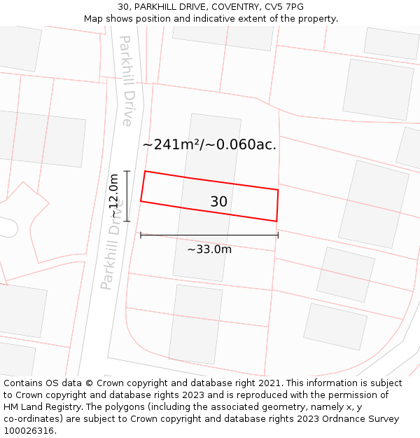 30, PARKHILL DRIVE, COVENTRY, CV5 7PG: Plot and title map