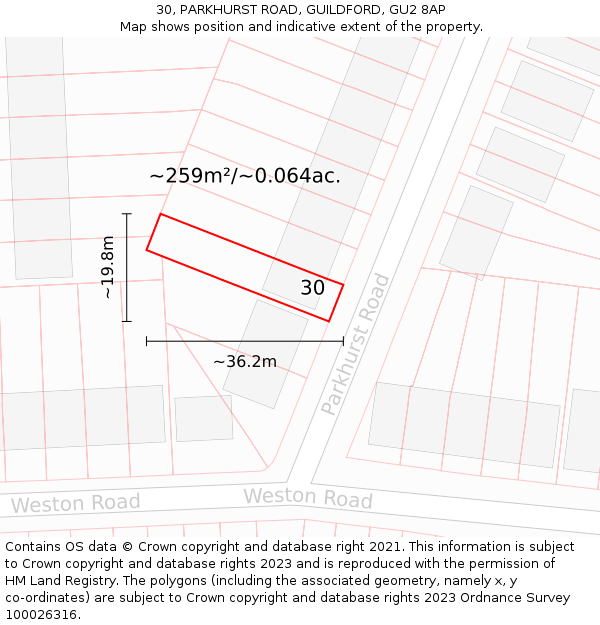 30, PARKHURST ROAD, GUILDFORD, GU2 8AP: Plot and title map