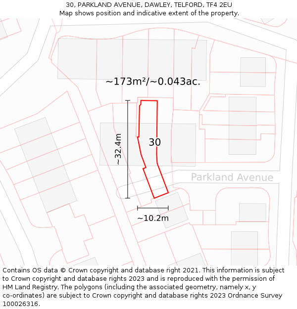 30, PARKLAND AVENUE, DAWLEY, TELFORD, TF4 2EU: Plot and title map