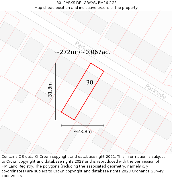30, PARKSIDE, GRAYS, RM16 2GF: Plot and title map