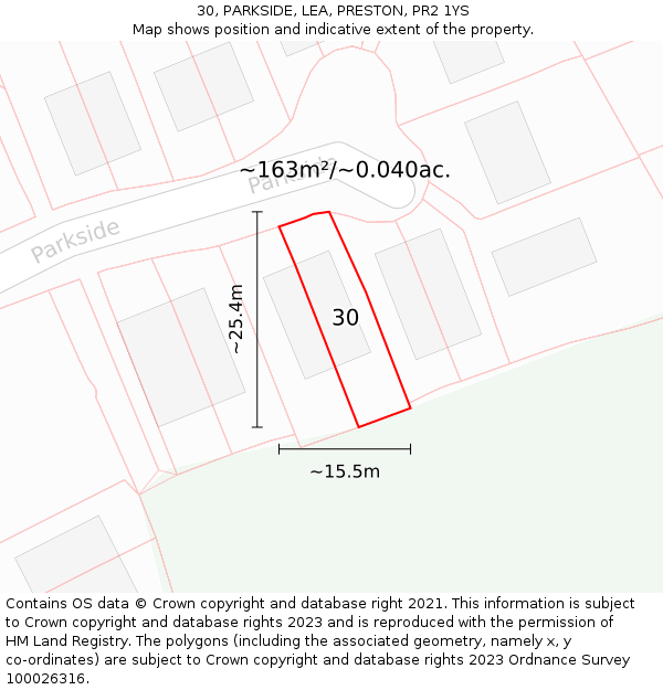 30, PARKSIDE, LEA, PRESTON, PR2 1YS: Plot and title map