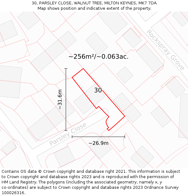 30, PARSLEY CLOSE, WALNUT TREE, MILTON KEYNES, MK7 7DA: Plot and title map