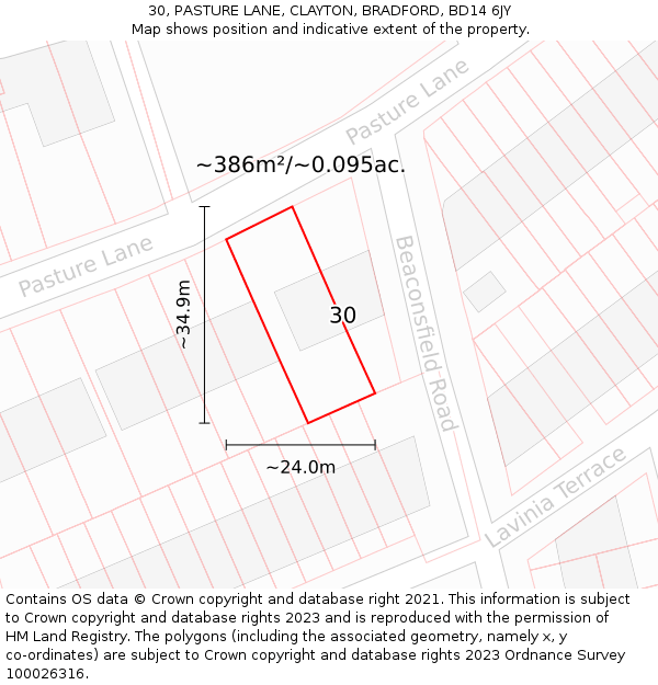 30, PASTURE LANE, CLAYTON, BRADFORD, BD14 6JY: Plot and title map