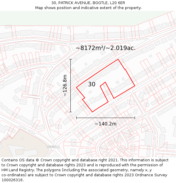 30, PATRICK AVENUE, BOOTLE, L20 6ER: Plot and title map