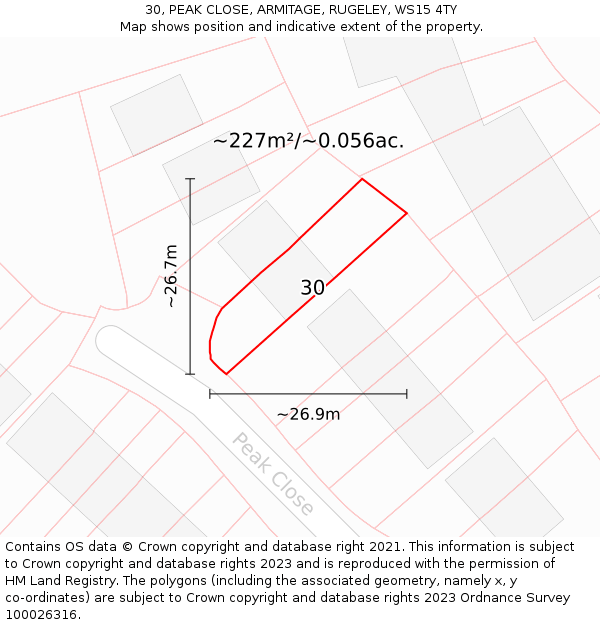 30, PEAK CLOSE, ARMITAGE, RUGELEY, WS15 4TY: Plot and title map
