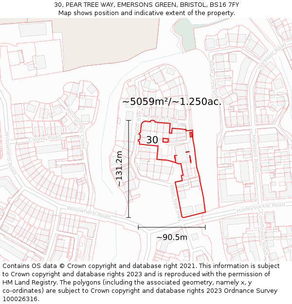 30, PEAR TREE WAY, EMERSONS GREEN, BRISTOL, BS16 7FY: Plot and title map