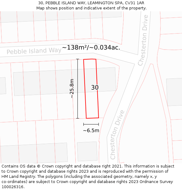 30, PEBBLE ISLAND WAY, LEAMINGTON SPA, CV31 1AR: Plot and title map