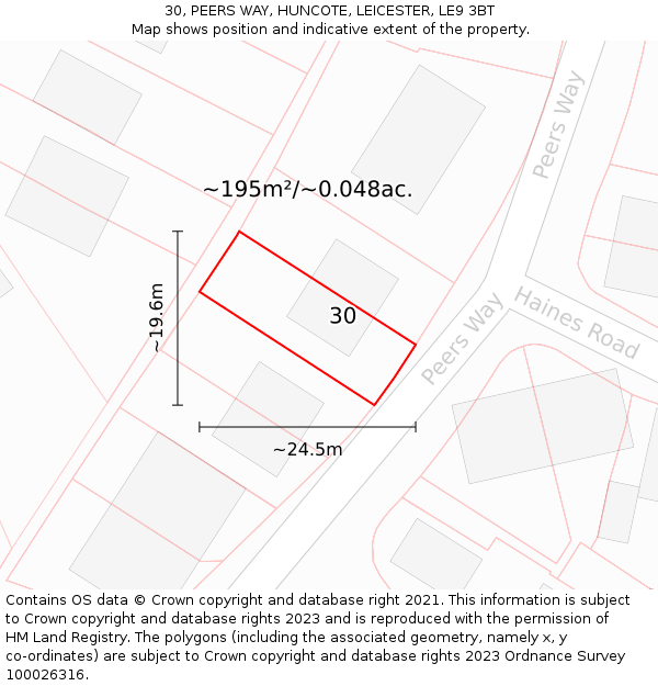 30, PEERS WAY, HUNCOTE, LEICESTER, LE9 3BT: Plot and title map