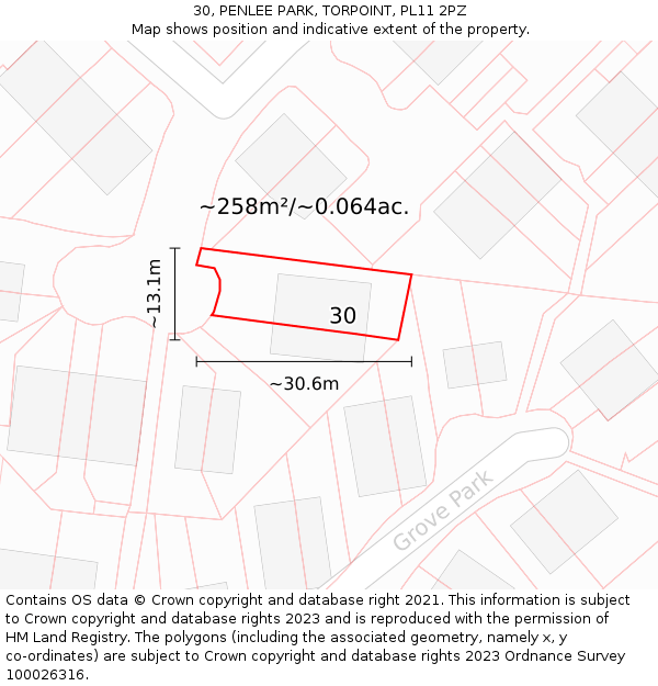 30, PENLEE PARK, TORPOINT, PL11 2PZ: Plot and title map