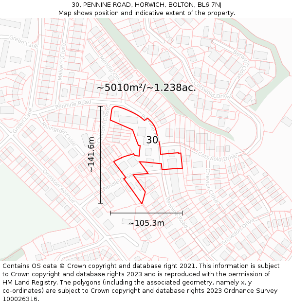 30, PENNINE ROAD, HORWICH, BOLTON, BL6 7NJ: Plot and title map