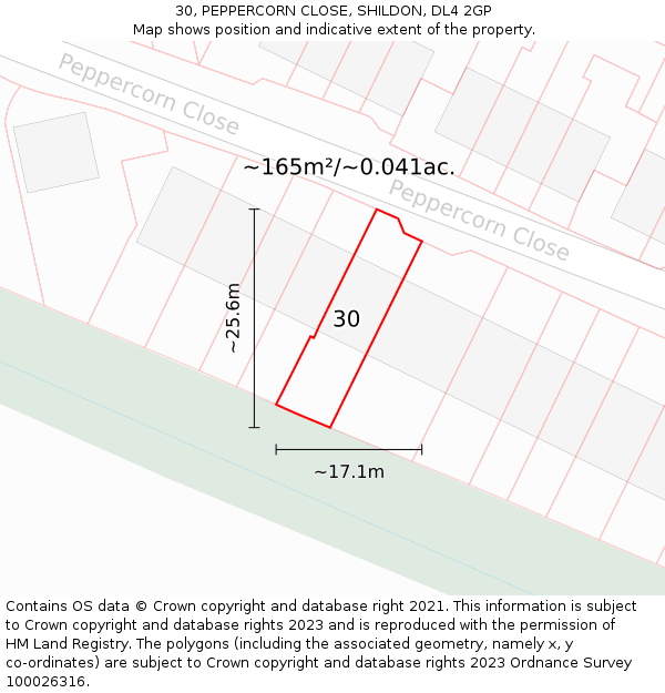 30, PEPPERCORN CLOSE, SHILDON, DL4 2GP: Plot and title map