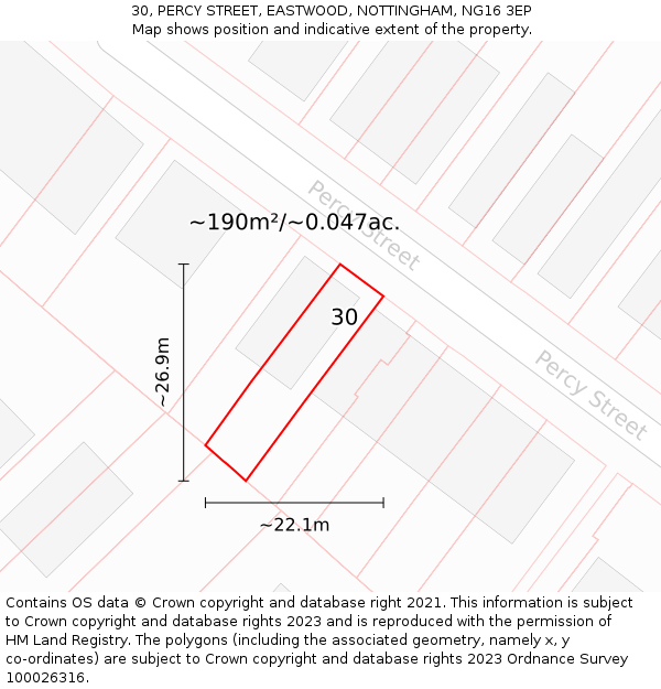 30, PERCY STREET, EASTWOOD, NOTTINGHAM, NG16 3EP: Plot and title map