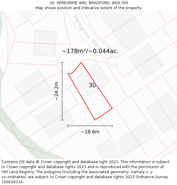 30, PEREGRINE WAY, BRADFORD, BD6 3YA: Plot and title map