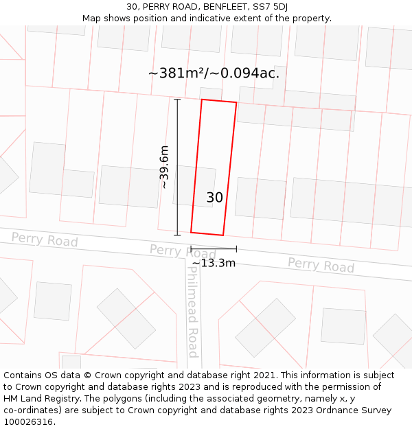 30, PERRY ROAD, BENFLEET, SS7 5DJ: Plot and title map