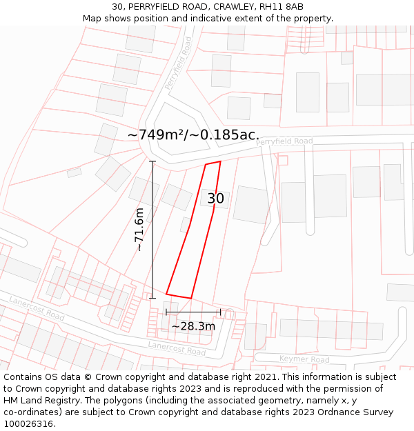 30, PERRYFIELD ROAD, CRAWLEY, RH11 8AB: Plot and title map