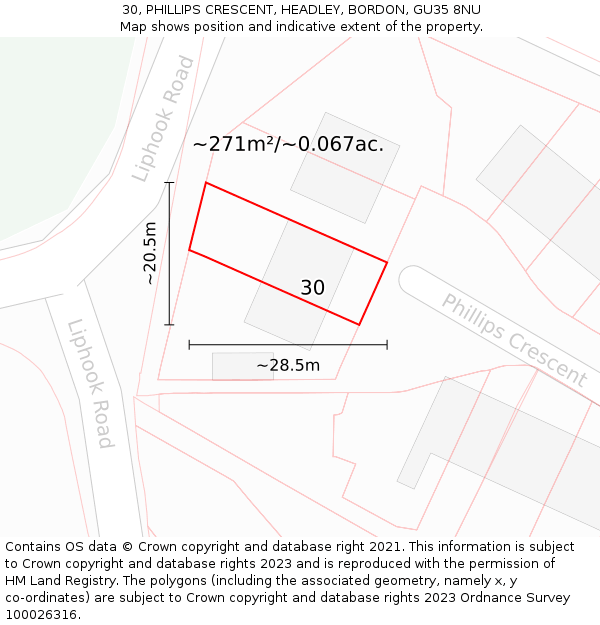 30, PHILLIPS CRESCENT, HEADLEY, BORDON, GU35 8NU: Plot and title map