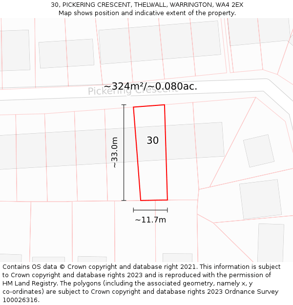 30, PICKERING CRESCENT, THELWALL, WARRINGTON, WA4 2EX: Plot and title map