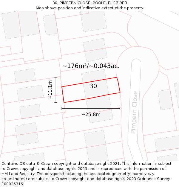 30, PIMPERN CLOSE, POOLE, BH17 9EB: Plot and title map