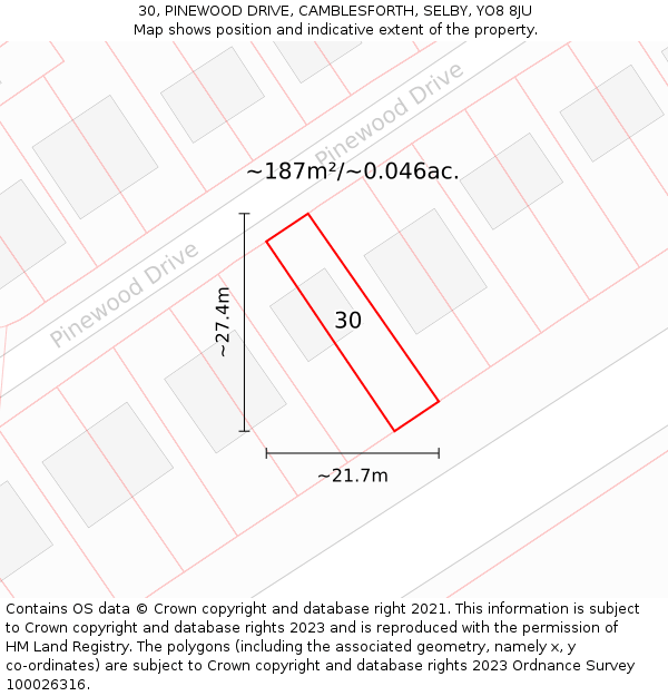 30, PINEWOOD DRIVE, CAMBLESFORTH, SELBY, YO8 8JU: Plot and title map