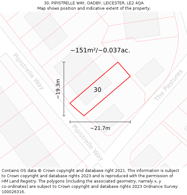 30, PIPISTRELLE WAY, OADBY, LEICESTER, LE2 4QA: Plot and title map