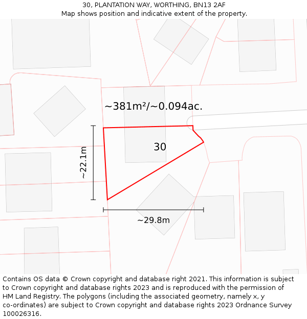 30, PLANTATION WAY, WORTHING, BN13 2AF: Plot and title map