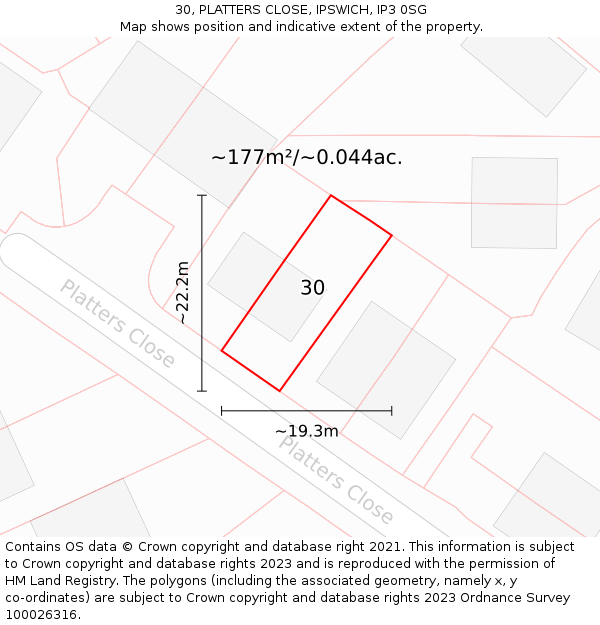 30, PLATTERS CLOSE, IPSWICH, IP3 0SG: Plot and title map