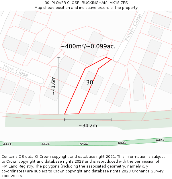 30, PLOVER CLOSE, BUCKINGHAM, MK18 7ES: Plot and title map