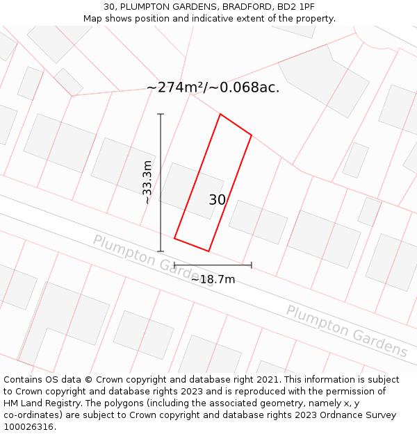 30, PLUMPTON GARDENS, BRADFORD, BD2 1PF: Plot and title map