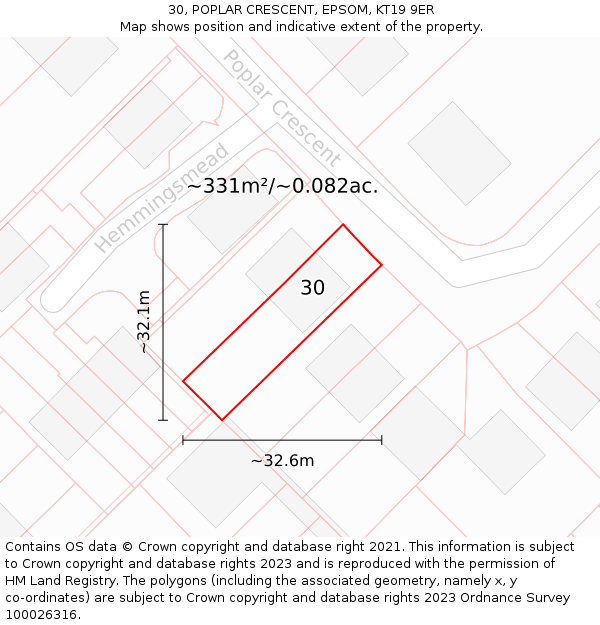 30, POPLAR CRESCENT, EPSOM, KT19 9ER: Plot and title map