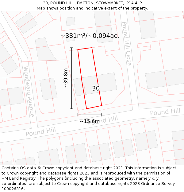 30, POUND HILL, BACTON, STOWMARKET, IP14 4LP: Plot and title map