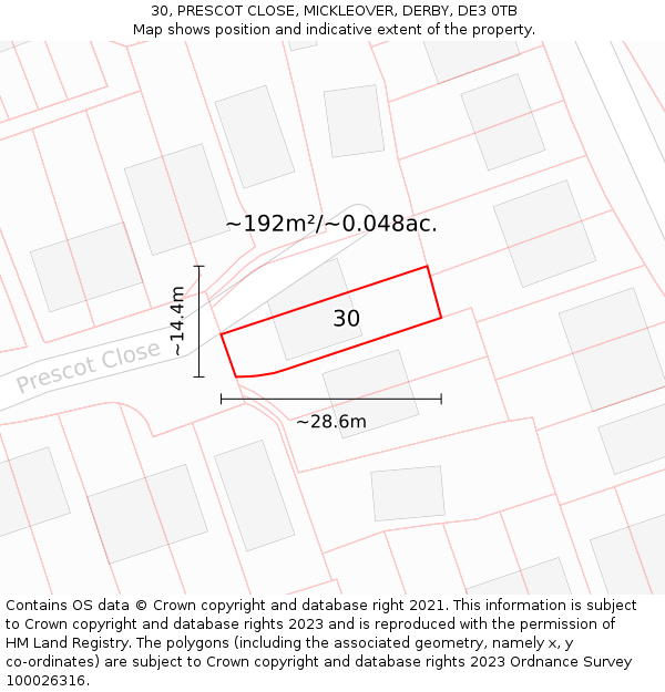 30, PRESCOT CLOSE, MICKLEOVER, DERBY, DE3 0TB: Plot and title map