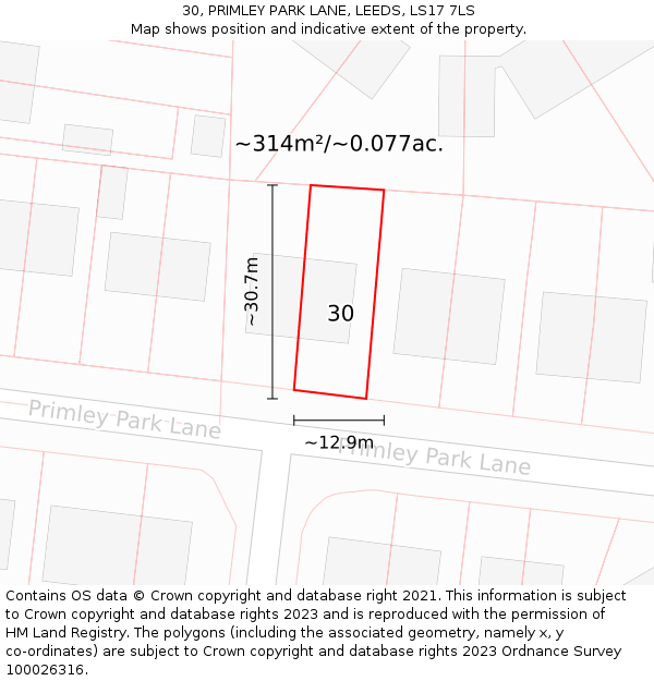 30, PRIMLEY PARK LANE, LEEDS, LS17 7LS: Plot and title map