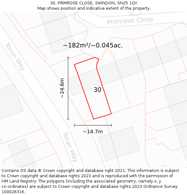 30, PRIMROSE CLOSE, SWINDON, SN25 1QY: Plot and title map