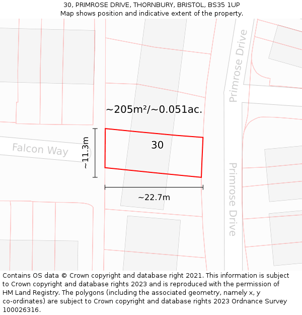 30, PRIMROSE DRIVE, THORNBURY, BRISTOL, BS35 1UP: Plot and title map