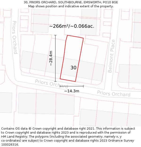 30, PRIORS ORCHARD, SOUTHBOURNE, EMSWORTH, PO10 8GE: Plot and title map