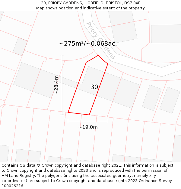 30, PRIORY GARDENS, HORFIELD, BRISTOL, BS7 0XE: Plot and title map