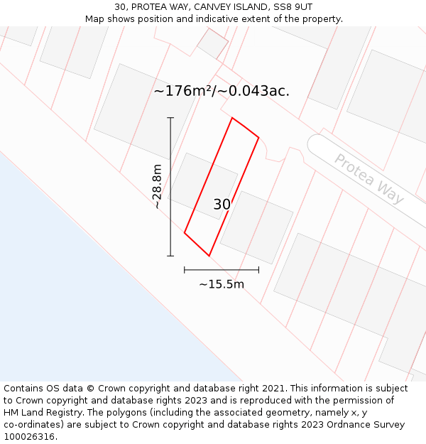 30, PROTEA WAY, CANVEY ISLAND, SS8 9UT: Plot and title map