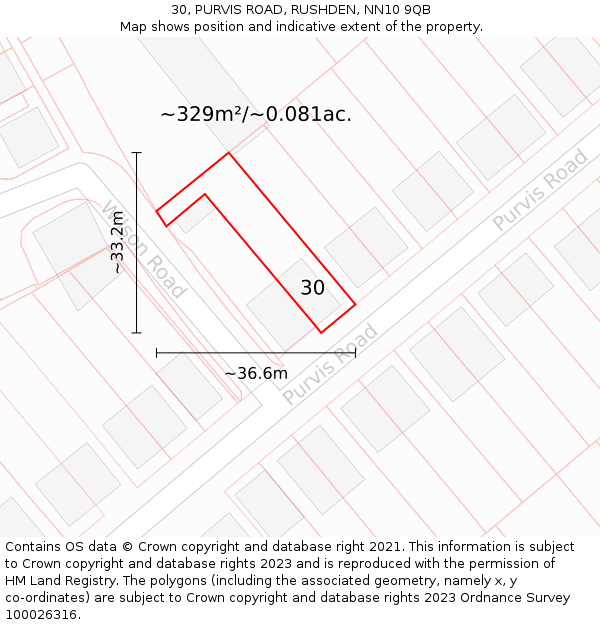 30, PURVIS ROAD, RUSHDEN, NN10 9QB: Plot and title map