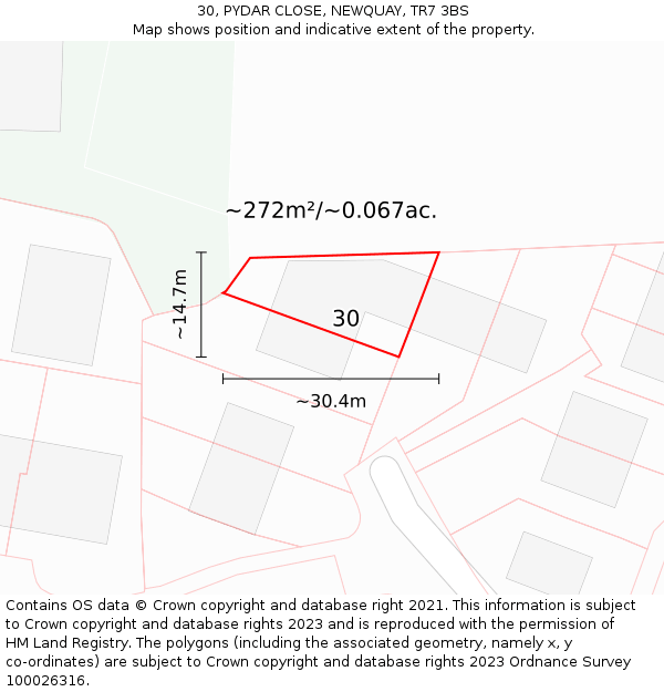 30, PYDAR CLOSE, NEWQUAY, TR7 3BS: Plot and title map
