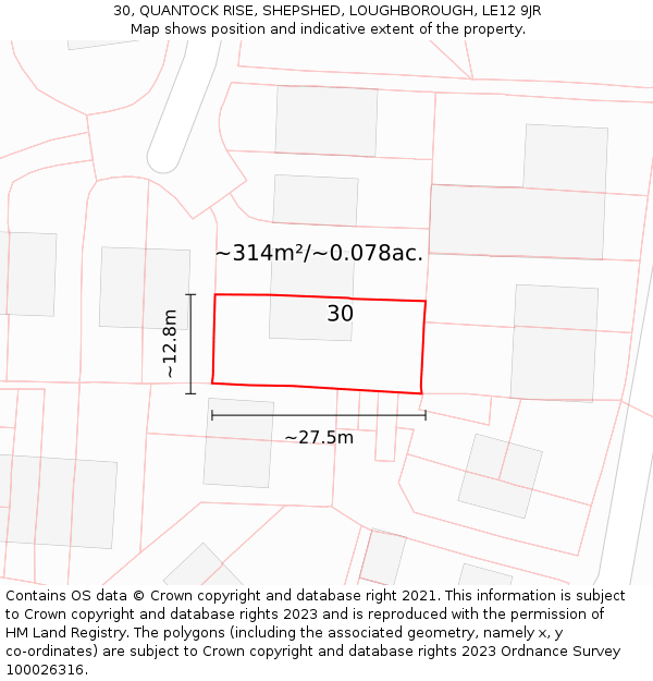 30, QUANTOCK RISE, SHEPSHED, LOUGHBOROUGH, LE12 9JR: Plot and title map