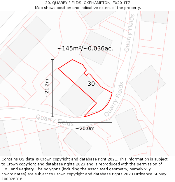 30, QUARRY FIELDS, OKEHAMPTON, EX20 1TZ: Plot and title map