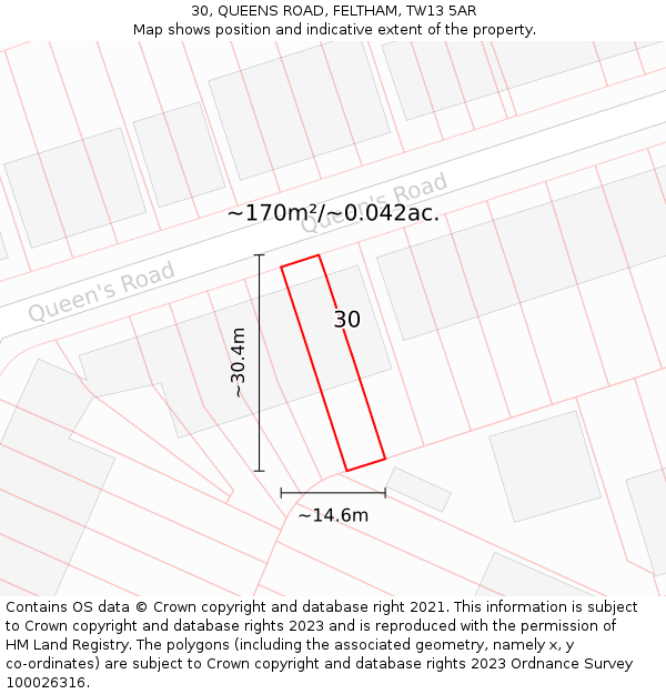 30, QUEENS ROAD, FELTHAM, TW13 5AR: Plot and title map