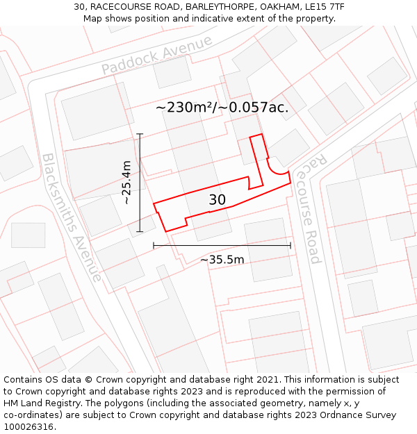 30, RACECOURSE ROAD, BARLEYTHORPE, OAKHAM, LE15 7TF: Plot and title map