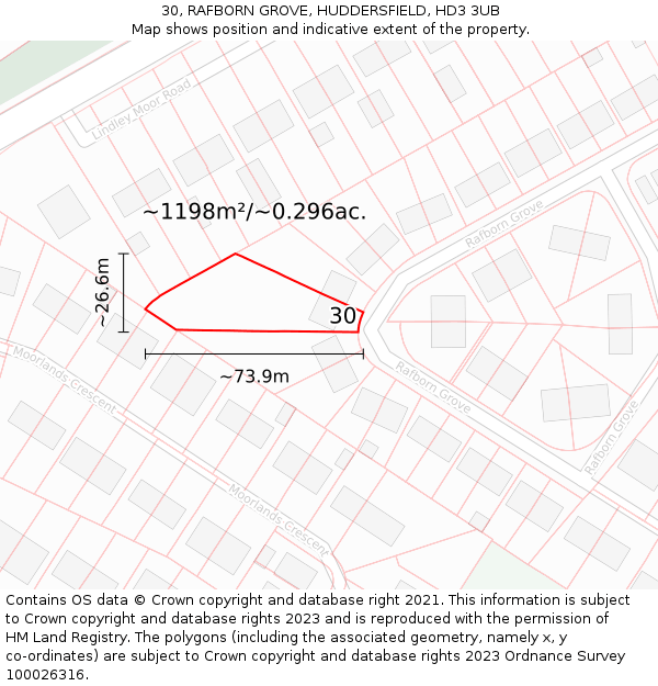 30, RAFBORN GROVE, HUDDERSFIELD, HD3 3UB: Plot and title map
