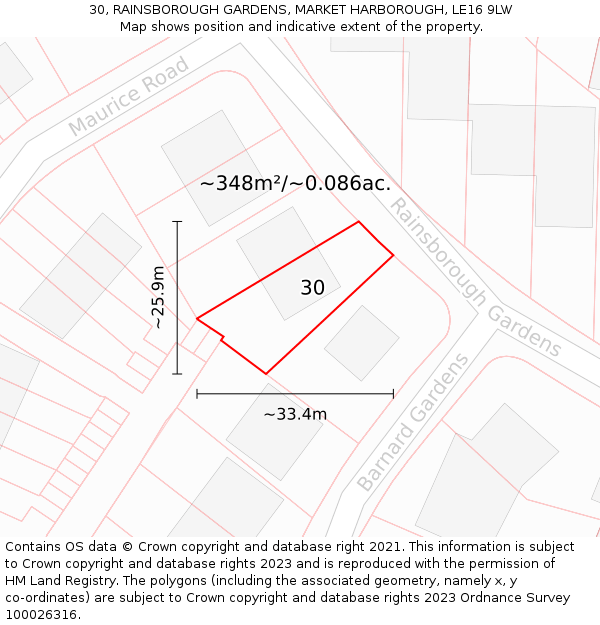 30, RAINSBOROUGH GARDENS, MARKET HARBOROUGH, LE16 9LW: Plot and title map