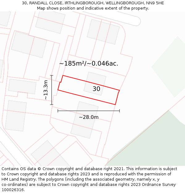 30, RANDALL CLOSE, IRTHLINGBOROUGH, WELLINGBOROUGH, NN9 5HE: Plot and title map